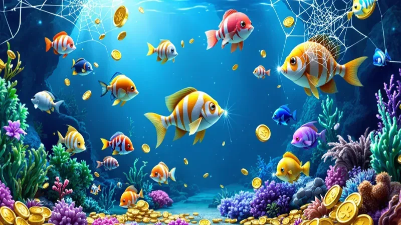 Layar fishing arcade RP4 dengan ikan dan efek tembakan di arena bawah laut